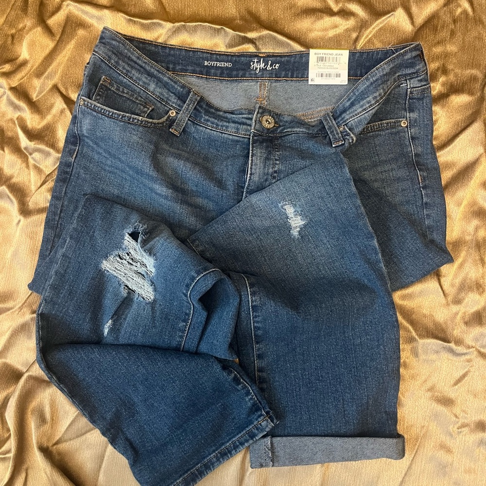 Style & Co. Women's Boyfriend Ripped Jeans - Dark Blue Denim